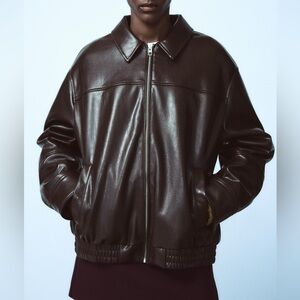 Zara Brown Faux Leather Bomber Jacket